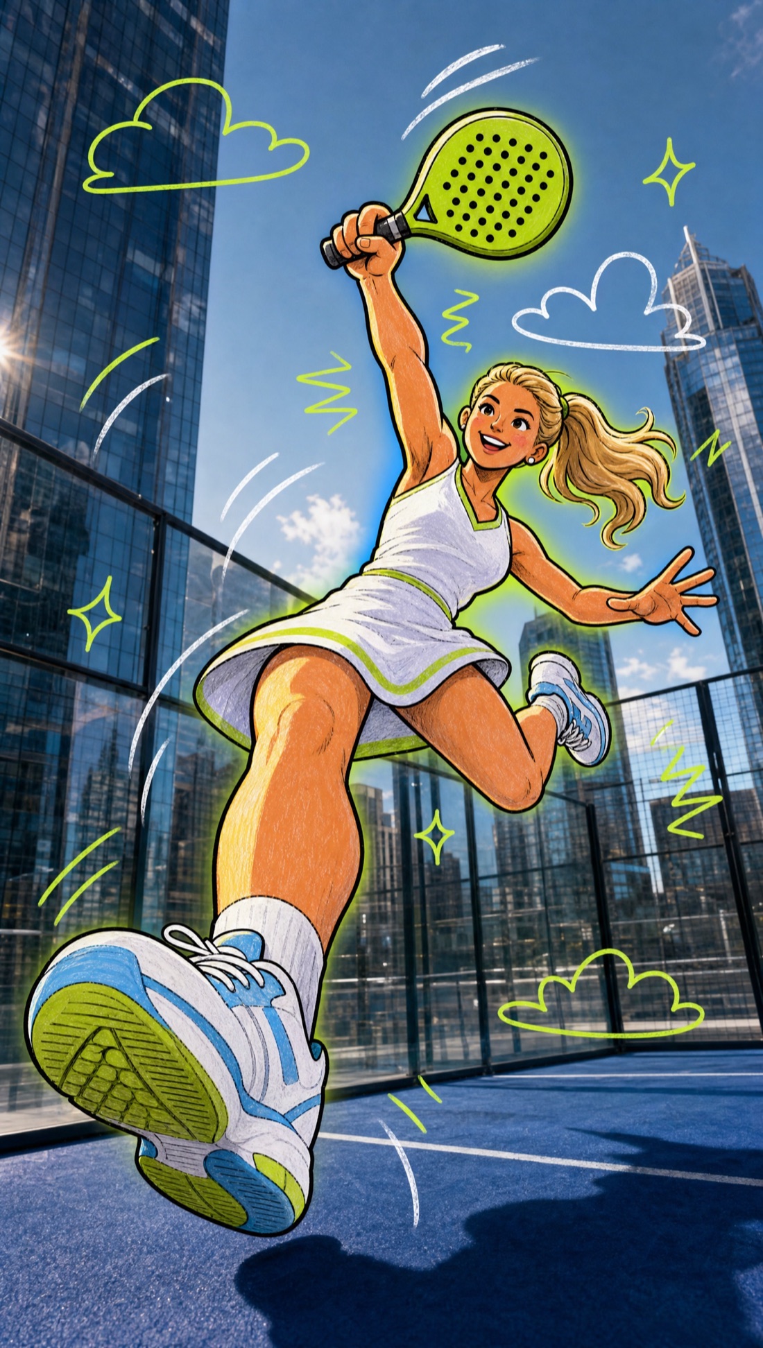 A padel player leaping on a rooftop court